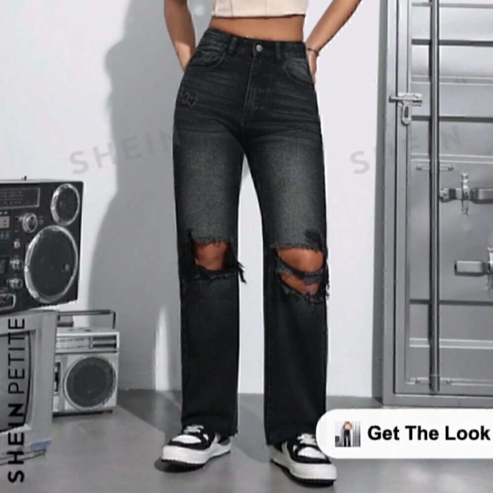 Shein Women's Ripped Boyfriend Jeans Distressed High Waisted Denim Jeans Black M